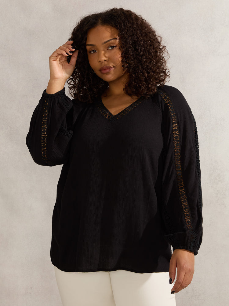 Black Crinkle Crochet Insert Blouse