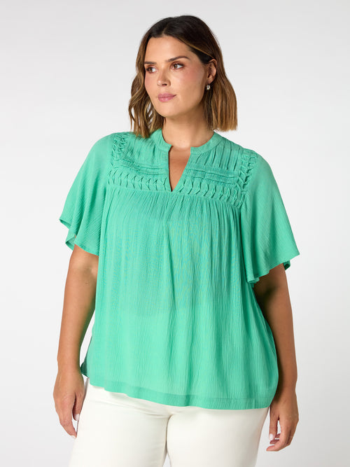 Green Crinkle Smocked Top
