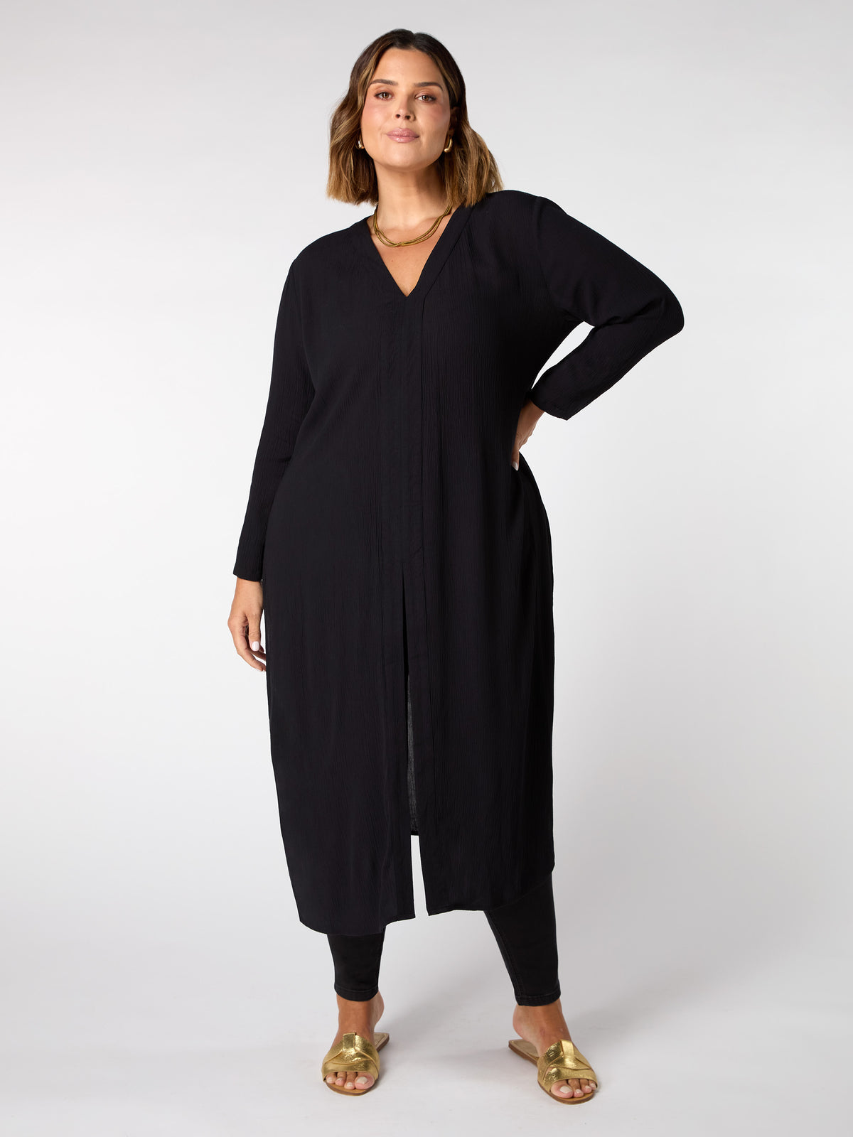 Front Split Tunic Black Crinkle Split Front Longline Tunic