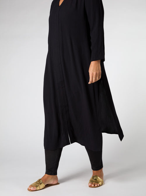 Black Crinkle Split Front Longline Tunic