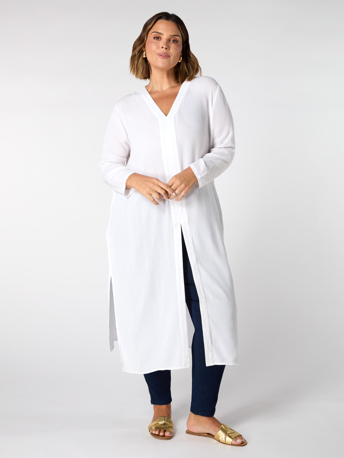 Front Split Tunic White Crinkle Split Front Longline Tunic