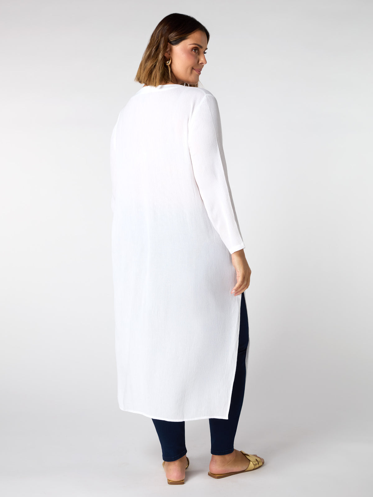 Front Split Tunic White Crinkle Split Front Longline Tunic