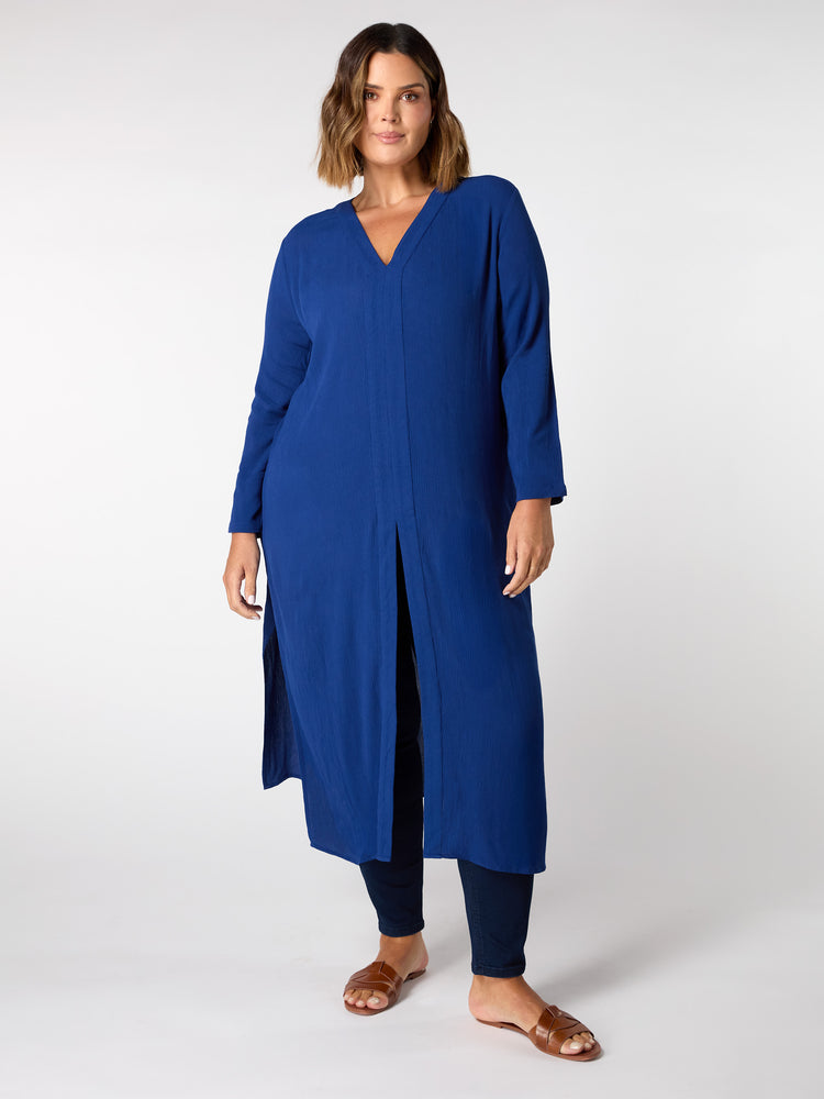 Navy Crinkle Split Front Longline Tunic