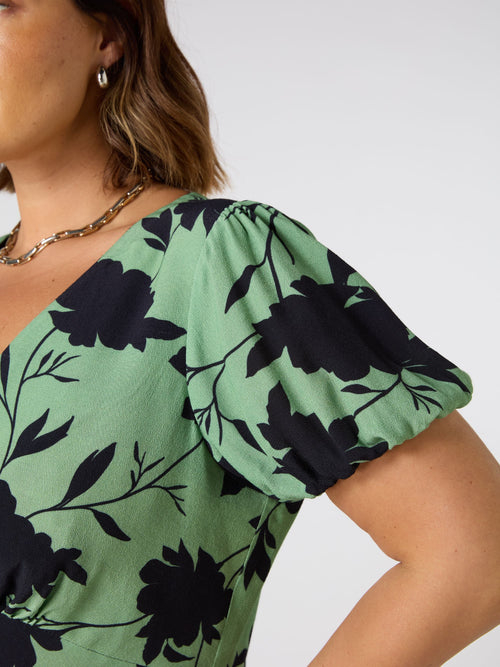 Green Floral Print Twist Front Dress