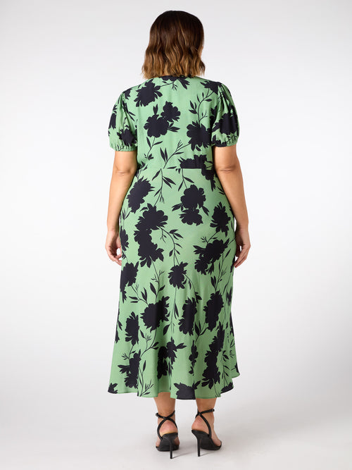 Green Floral Print Twist Front Dress