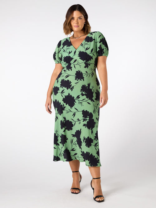 Green Floral Print Twist Front Dress