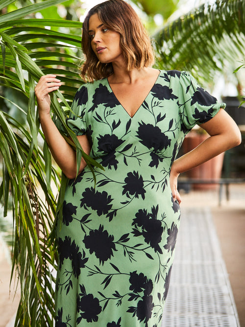 Green Floral Print Twist Front Dress