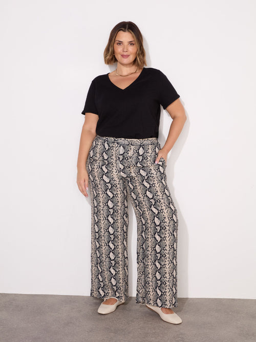 Snake Print Drawstring Wide Leg Trouser