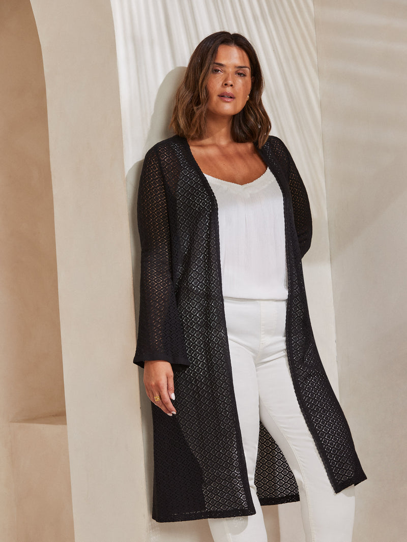 Black Longline Crochet Knit Cardigan