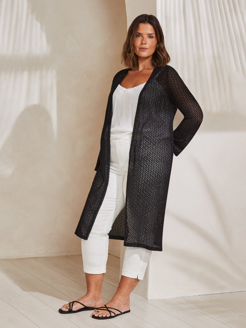 Black Longline Crochet Knit Cardigan