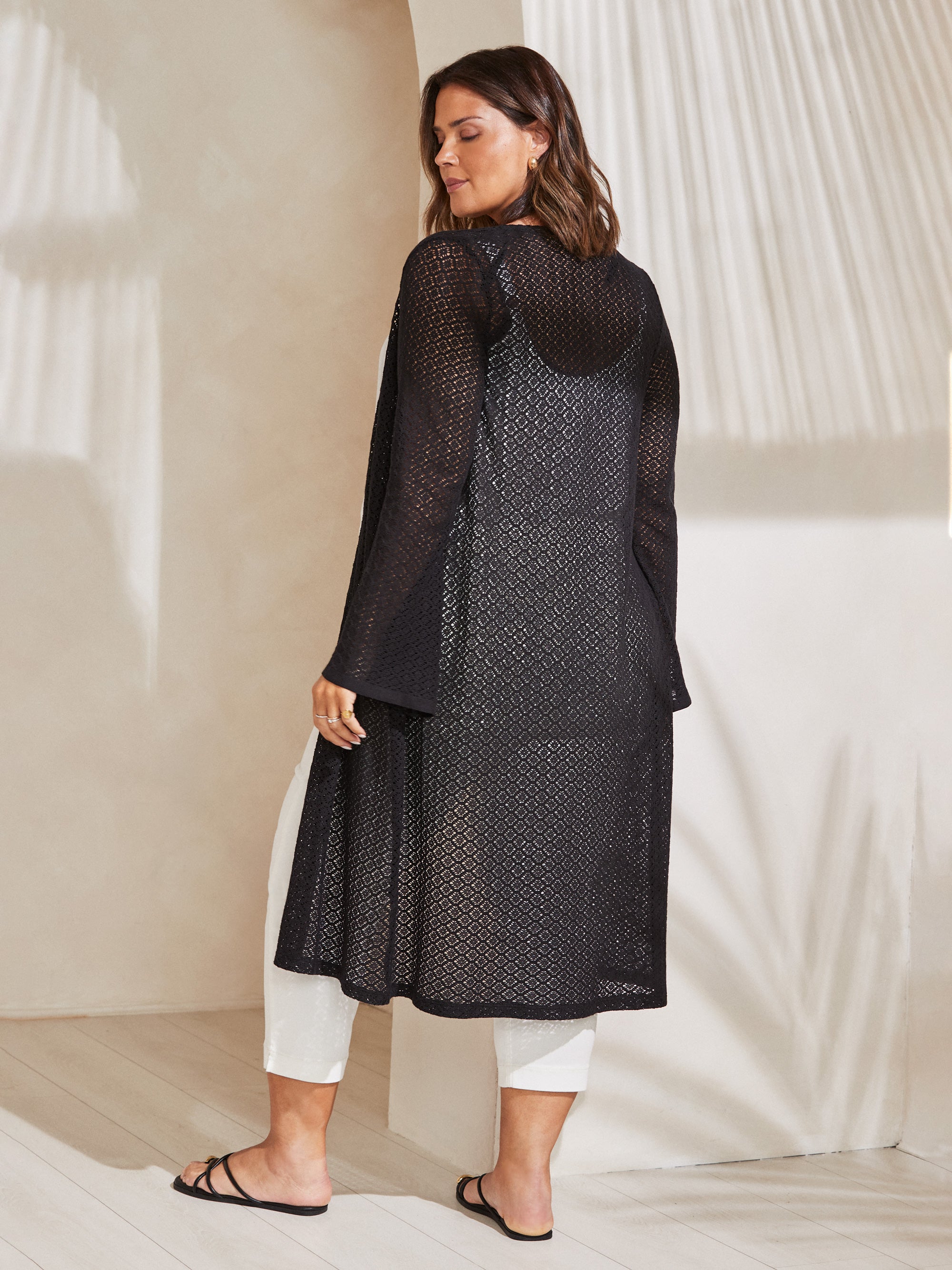 Black Longline Crochet Knit Cardigan - Main Image