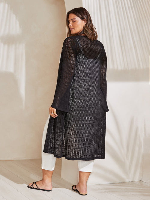 Black Longline Crochet Knit Cardigan