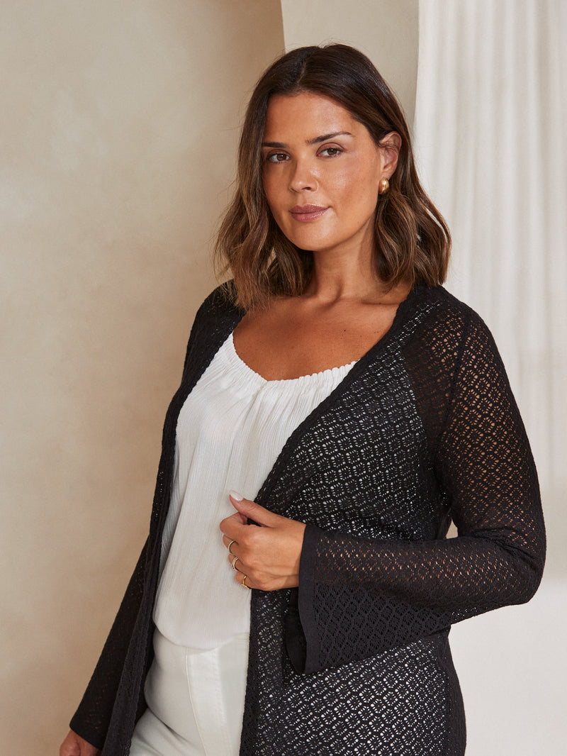Black Longline Crochet Knit Cardigan