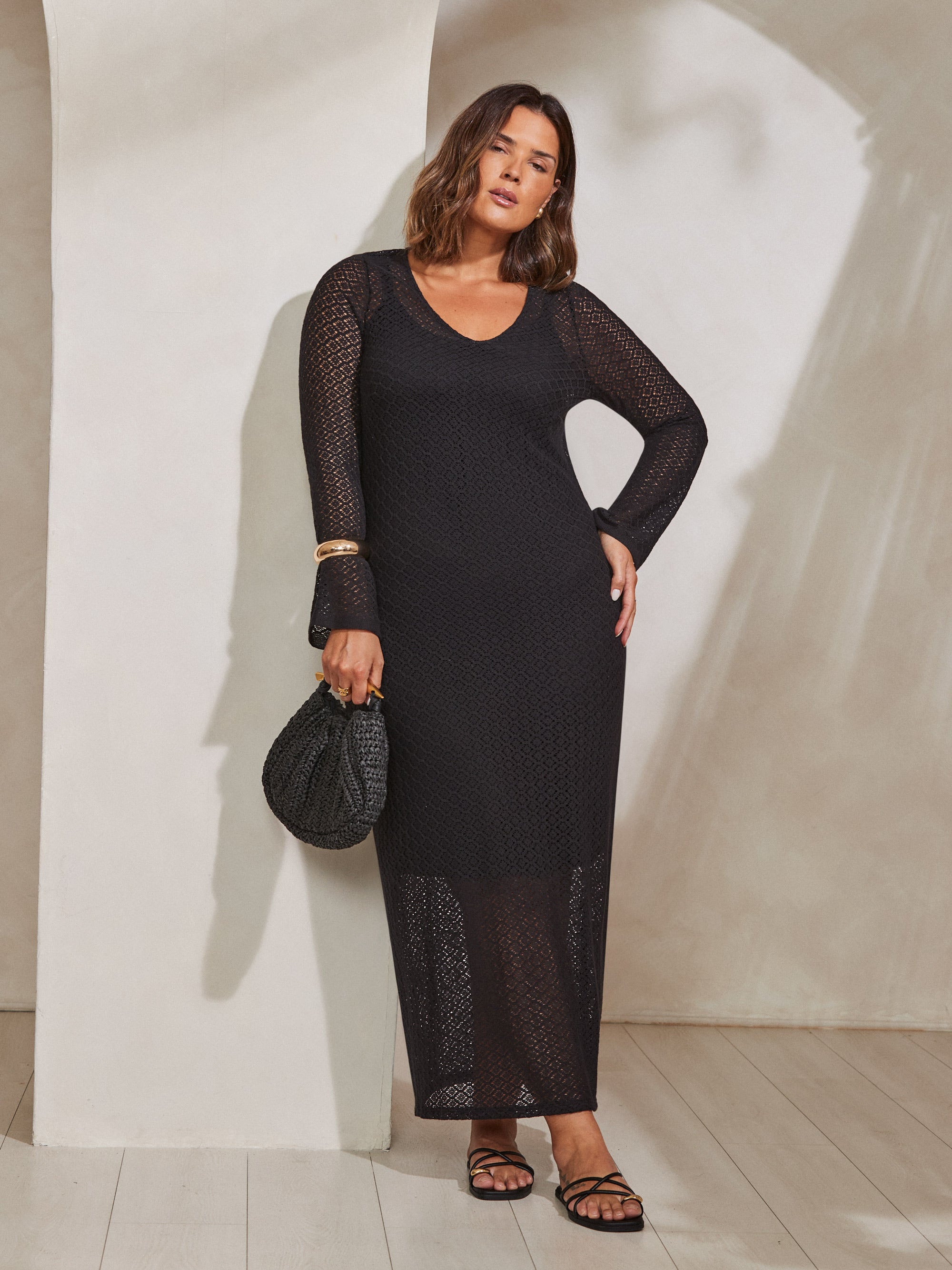 Black Crochet Bell Sleeve Midaxi Dress