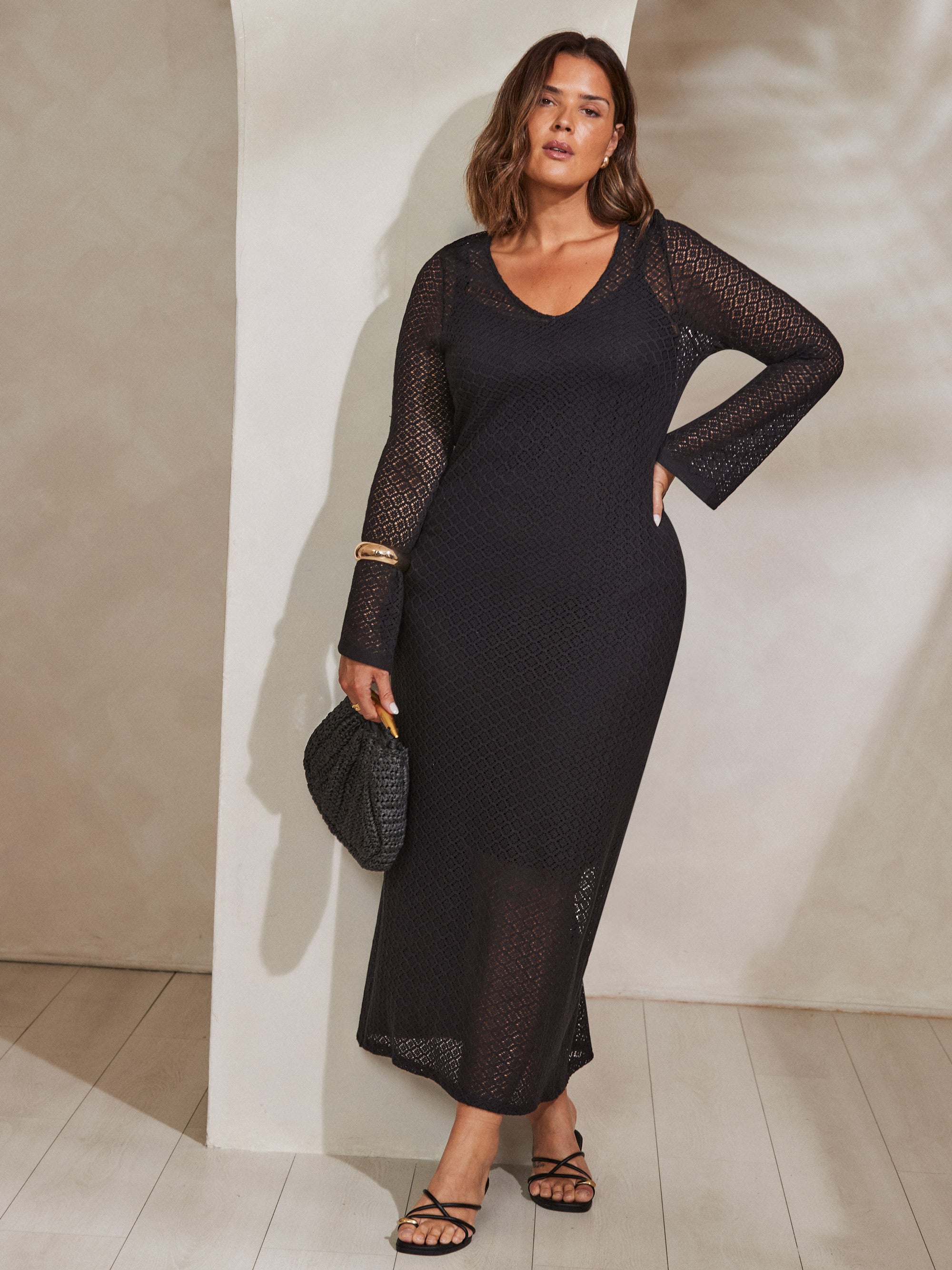Black Crochet Bell Sleeve Midaxi Dress