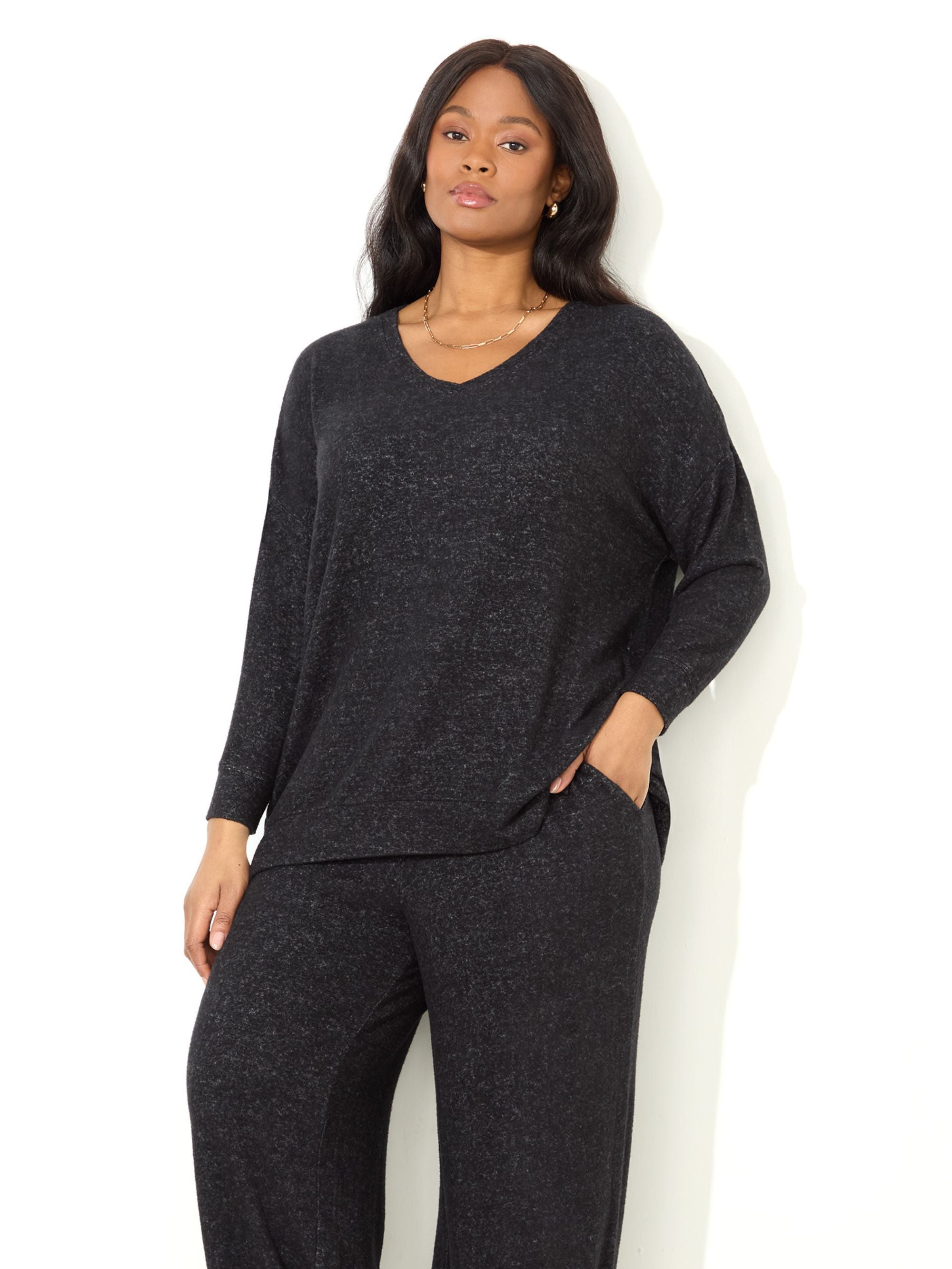 Grey Supersoft V-Neck Relaxed Longline Top