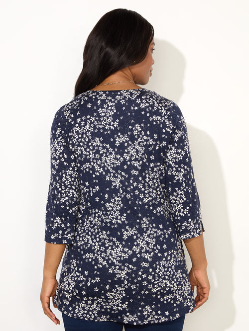 Navy Ditsy Print Split Sleeve Tunic