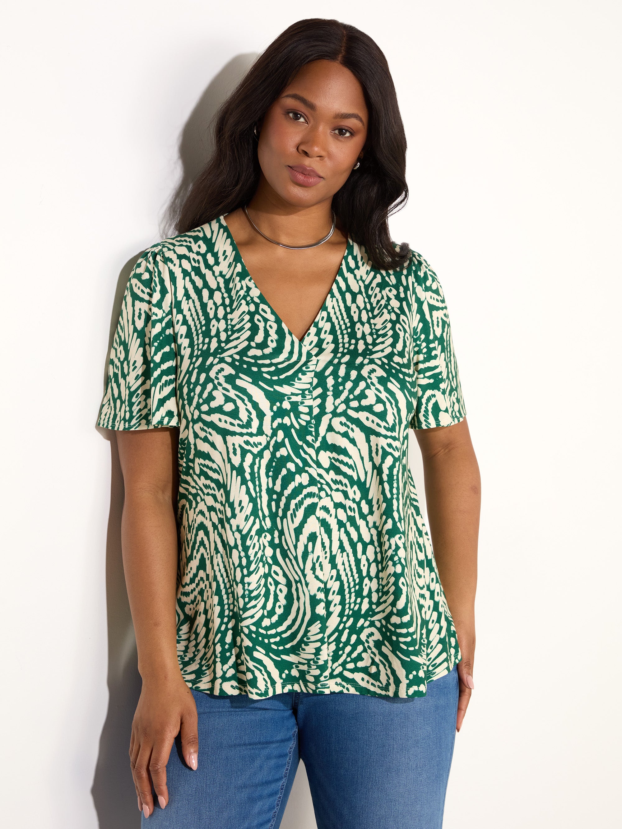 Green Mono Print Pleat Front Flutter Sleeve Top