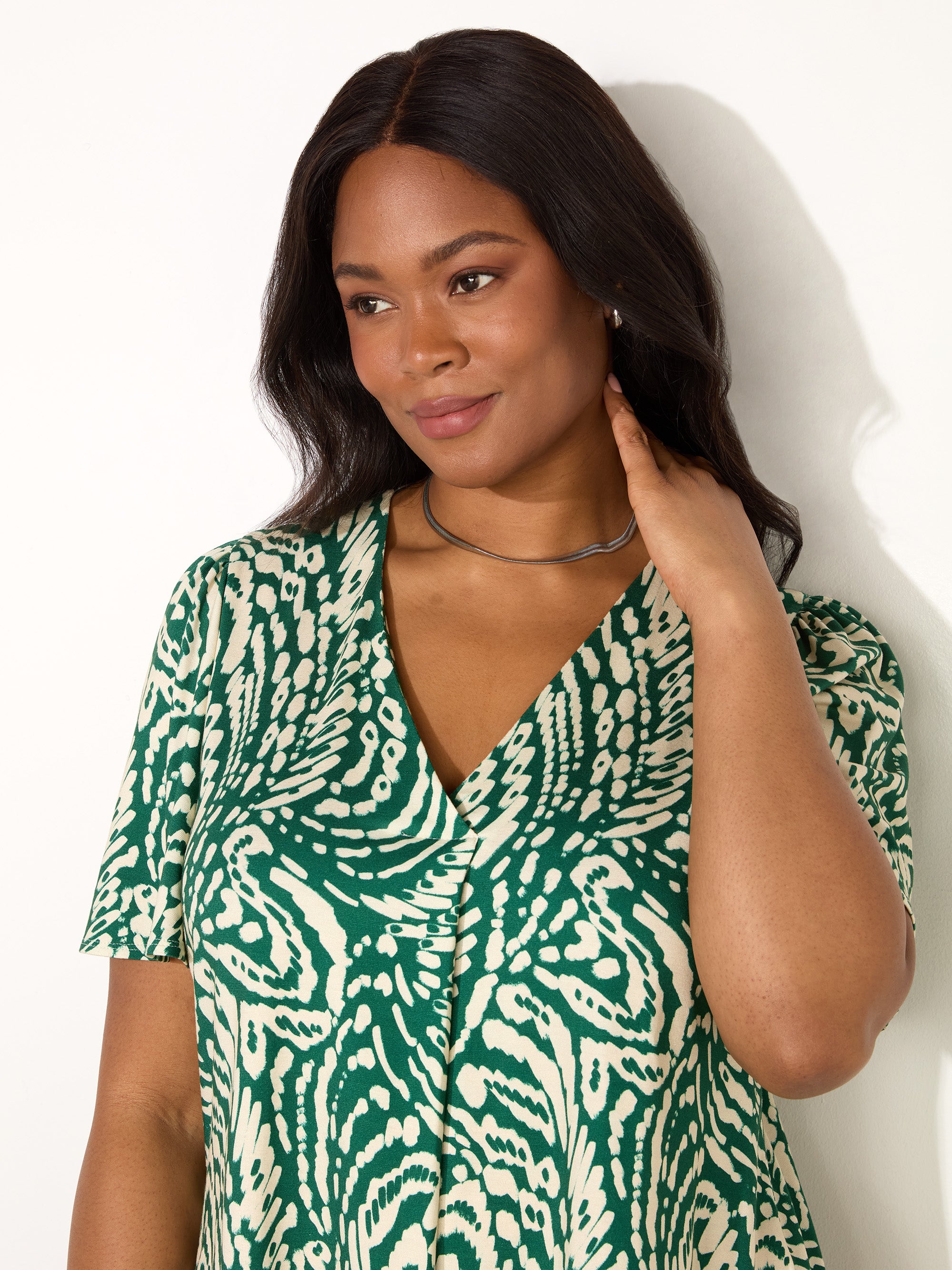 Green Mono Print Pleat Front Flutter Sleeve Top