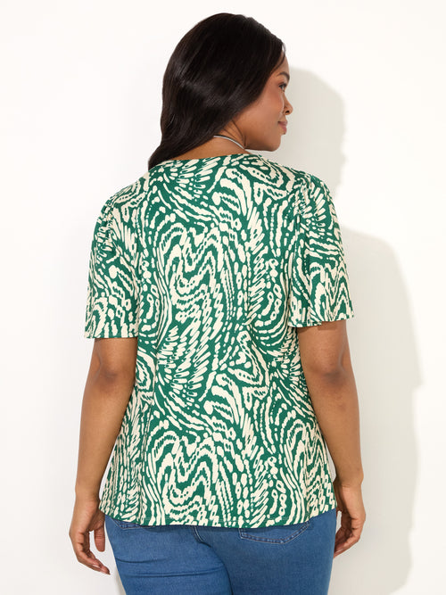 Green Mono Print Pleat Front Flutter Sleeve Top