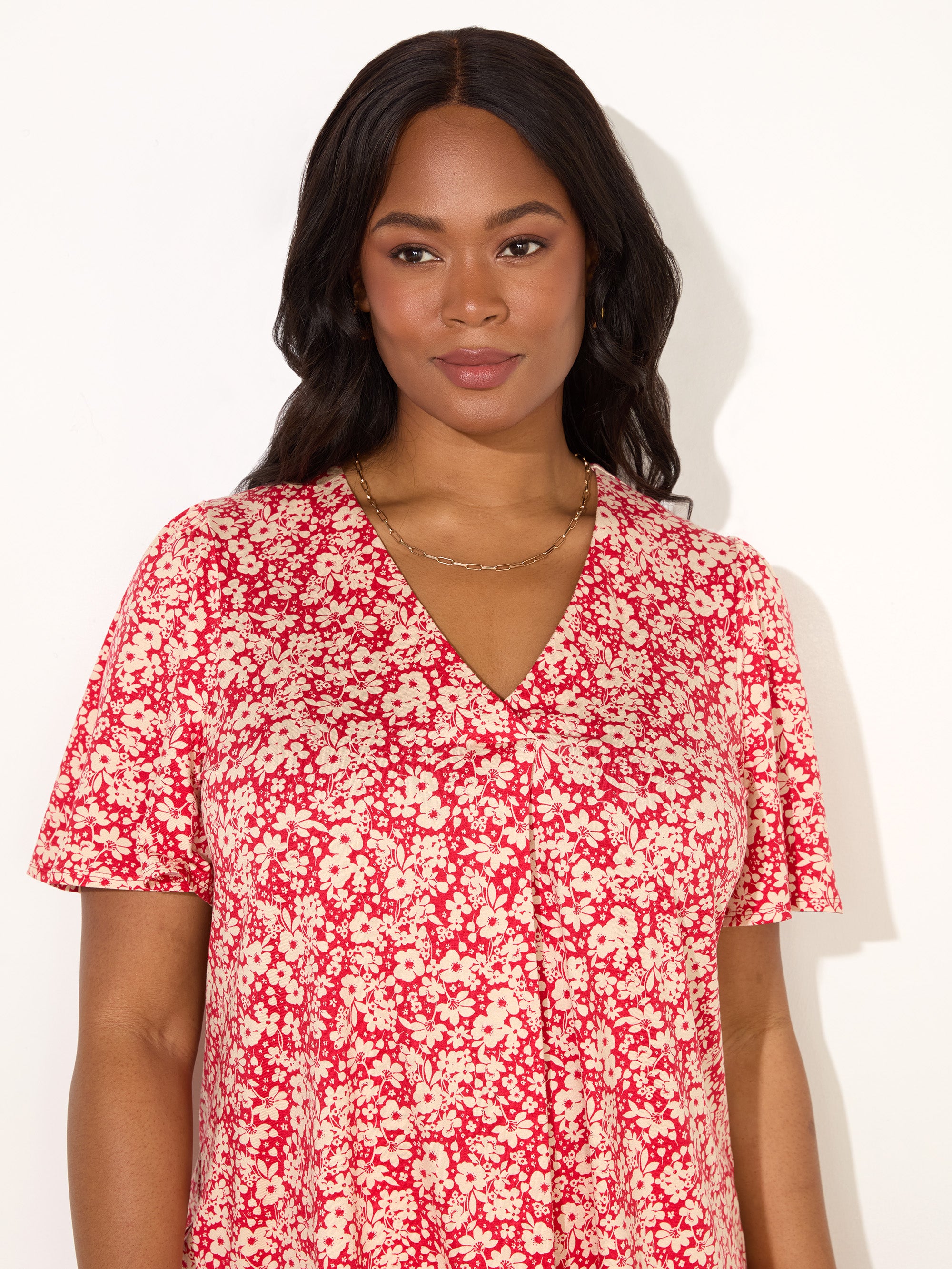 Red Ditsy Print Pleat Front Flutter Sleeve Top