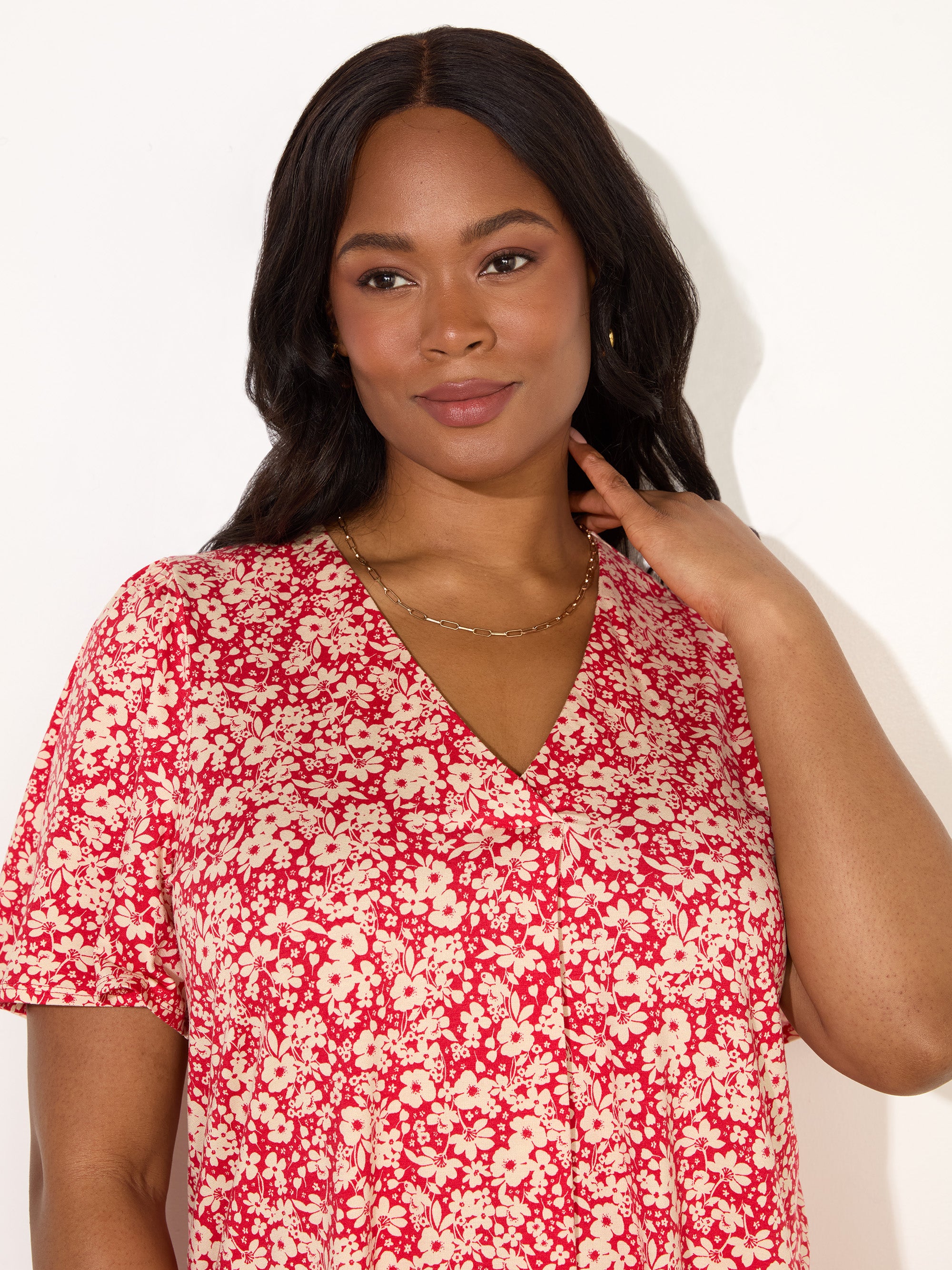 Red Ditsy Print Pleat Front Flutter Sleeve Top