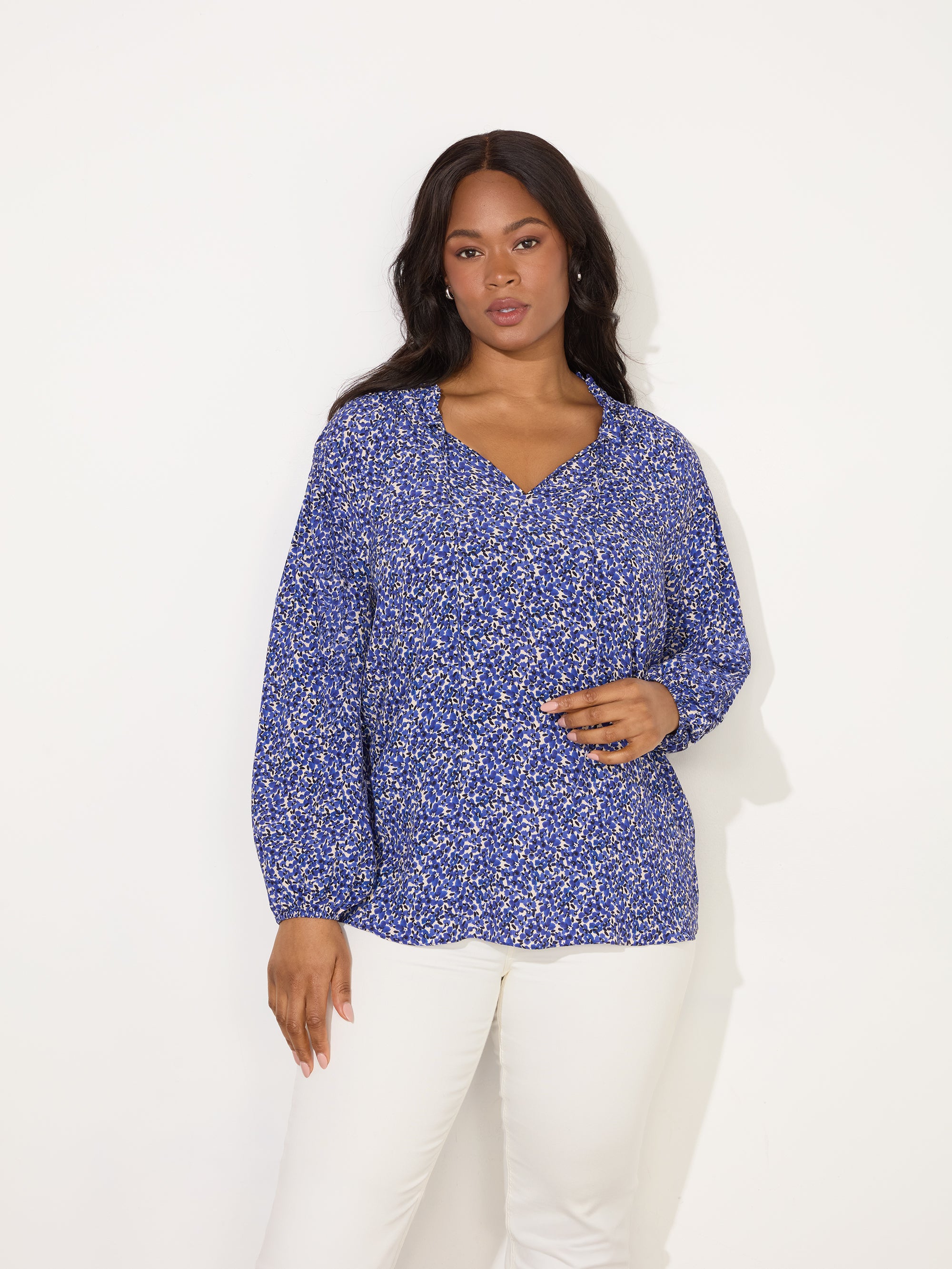 Blue Ditsy Shirred Raglan Sleeve Blouse