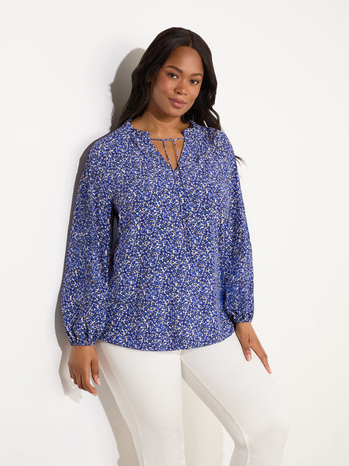 Blue Ditsy Shirred Raglan Sleeve Blouse