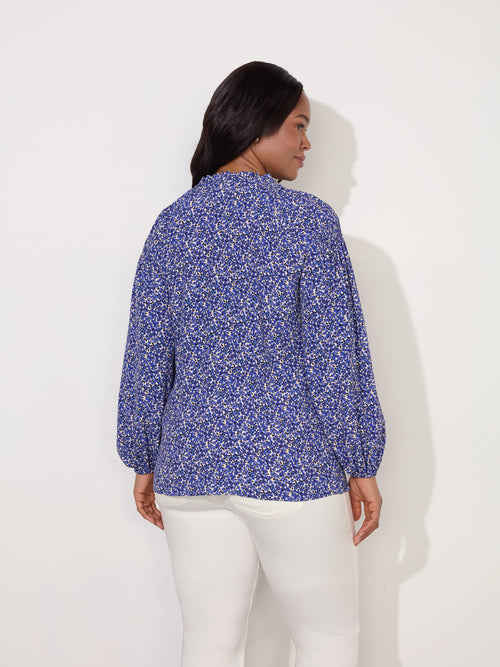 Blue Ditsy Shirred Raglan Sleeve Blouse