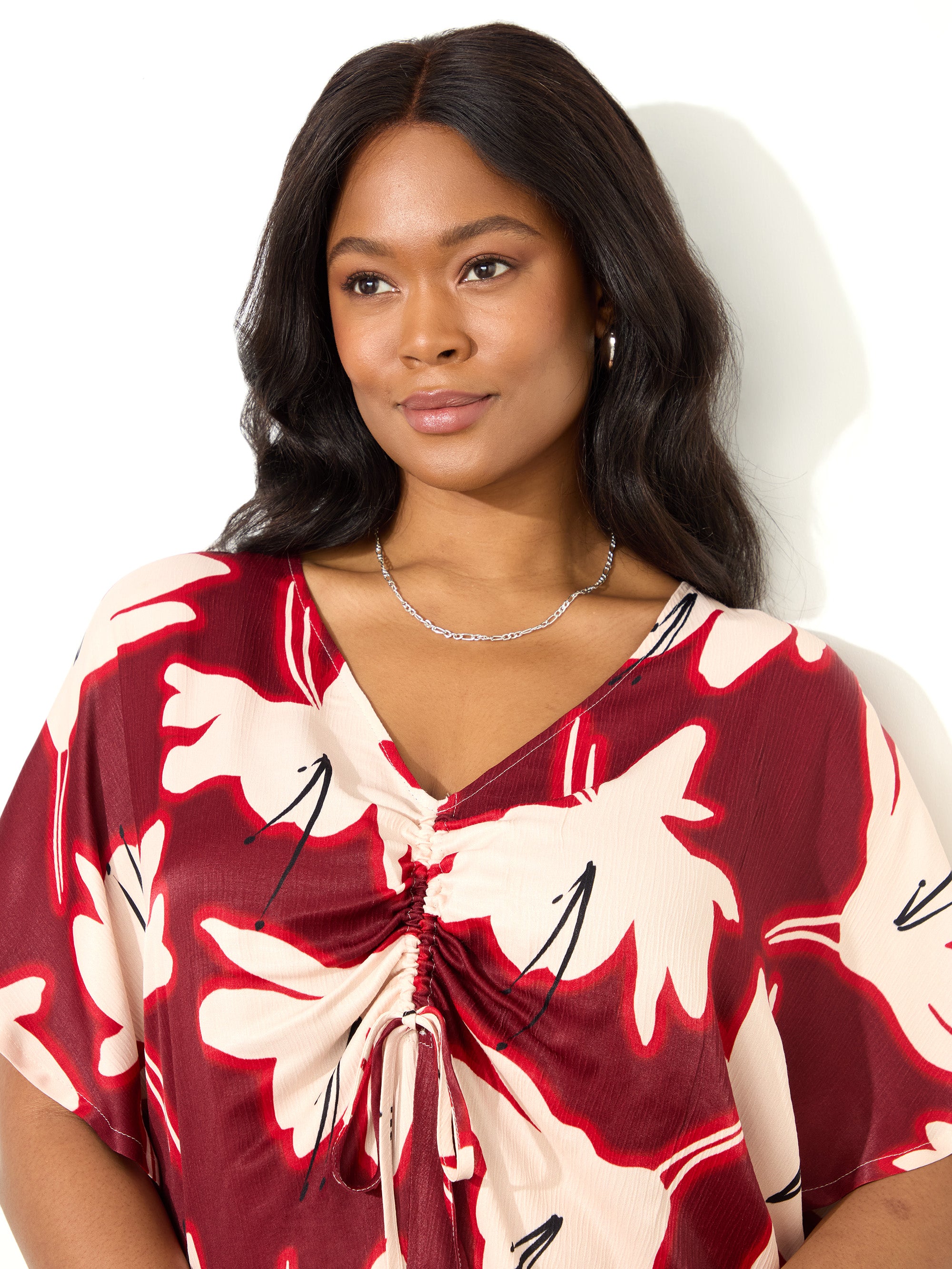 Red Floral Print Ruched Front Blouse