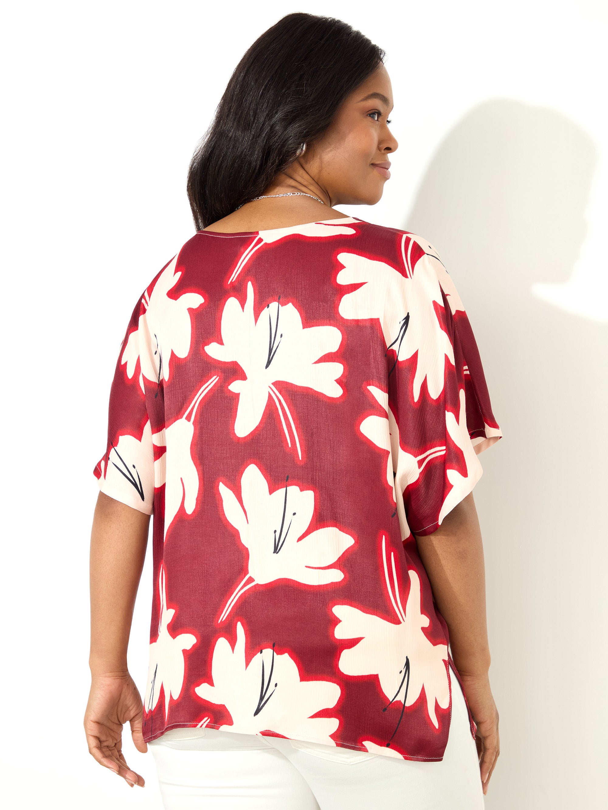 Red Floral Print Ruched Front Blouse