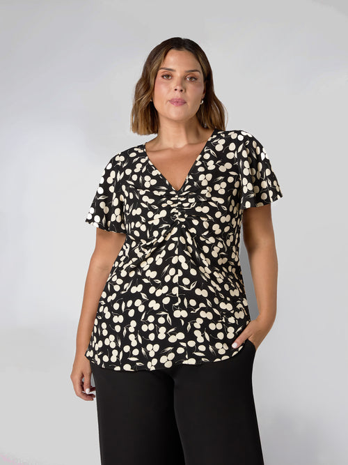 Cherry Print Ruched Flutter Sleeve Top