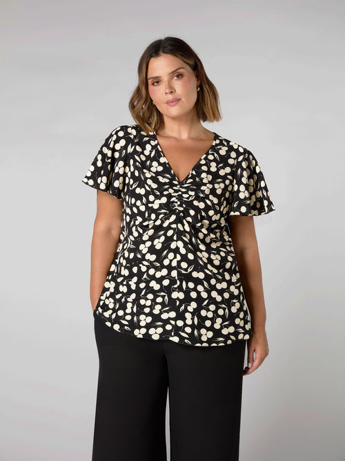 Cherry Print Ruched Flutter Sleeve Top