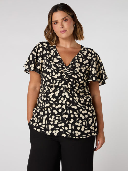 Cherry Print Ruched Flutter Sleeve Top