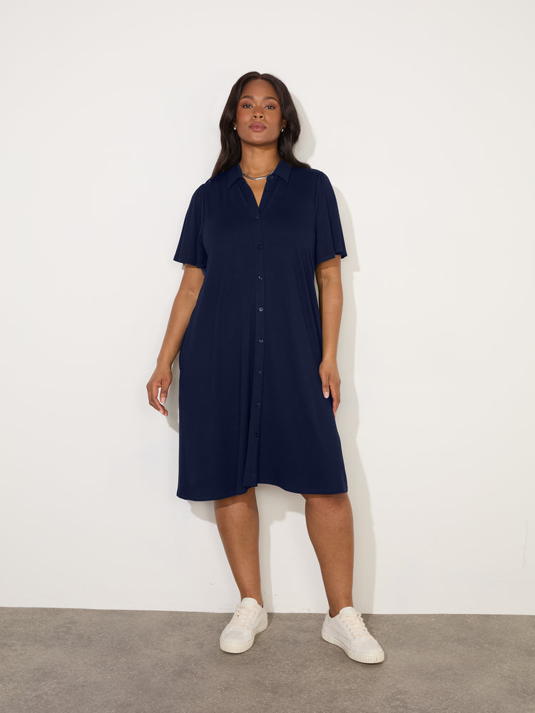 Navy Jersey Flutter Sleeve Shirt Dress