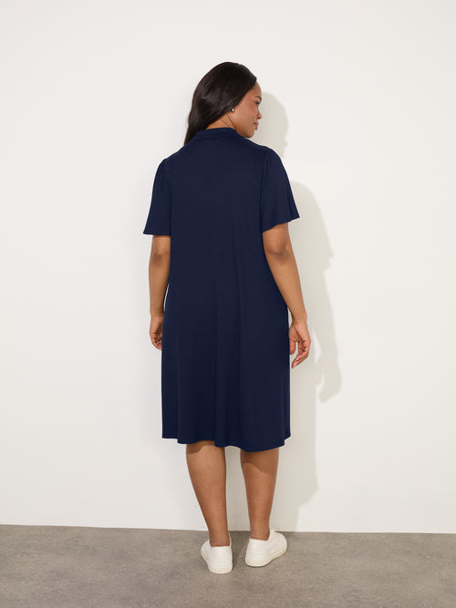 Navy Jersey Flutter Sleeve Shirt Dress