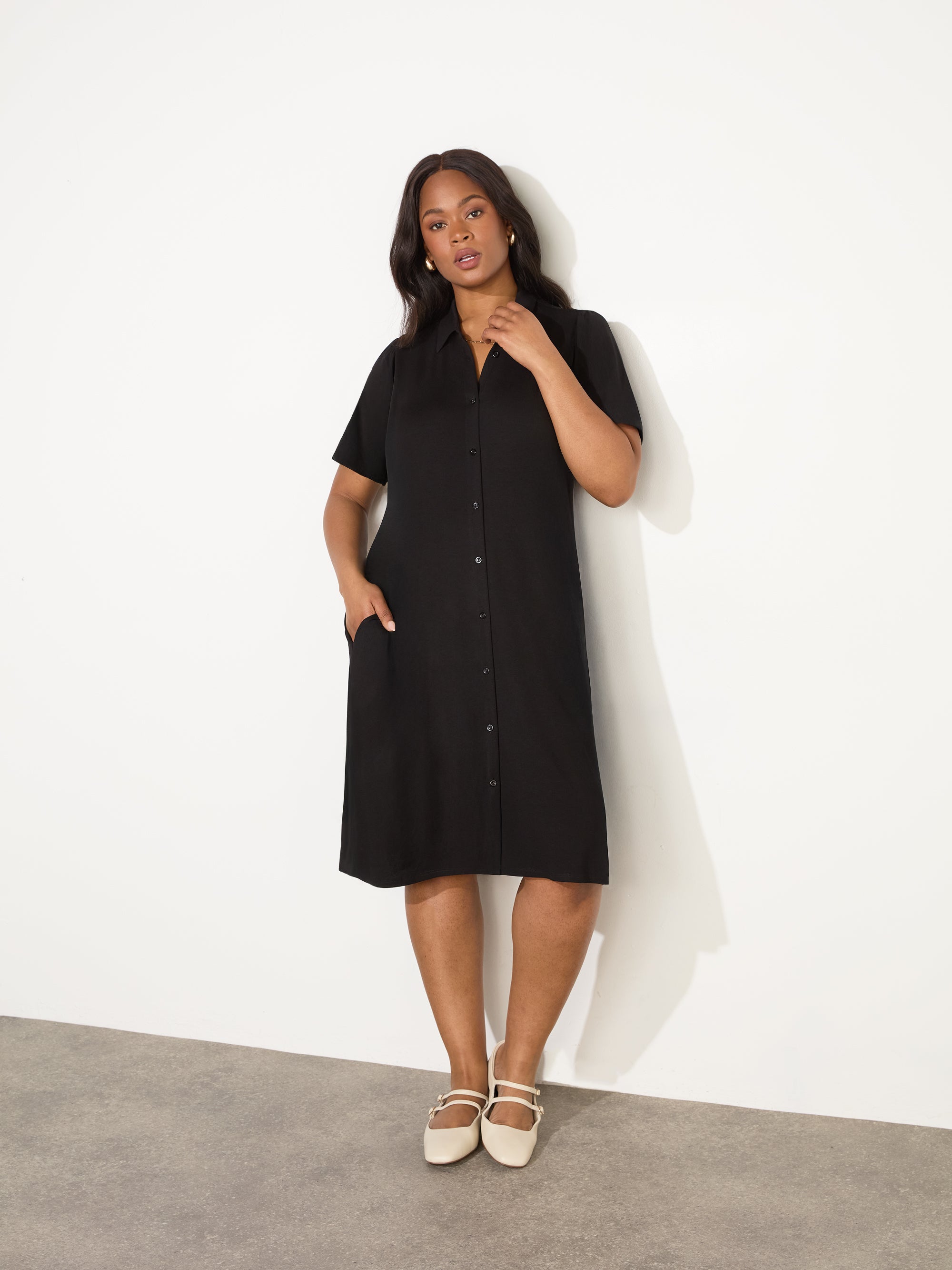 Black Jersey Flutter Sleeve Shirt Dress