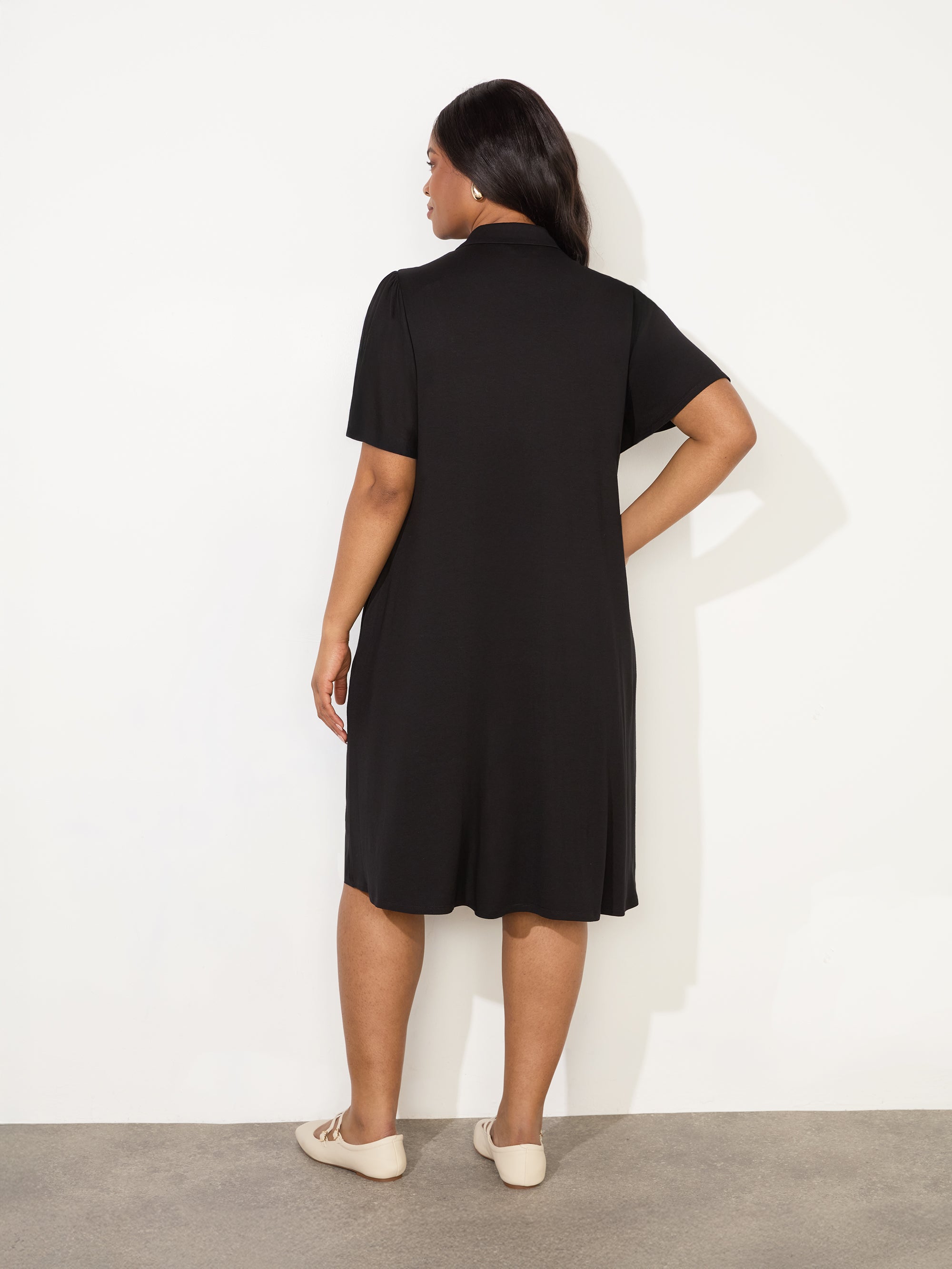 Black Jersey Flutter Sleeve Shirt Dress