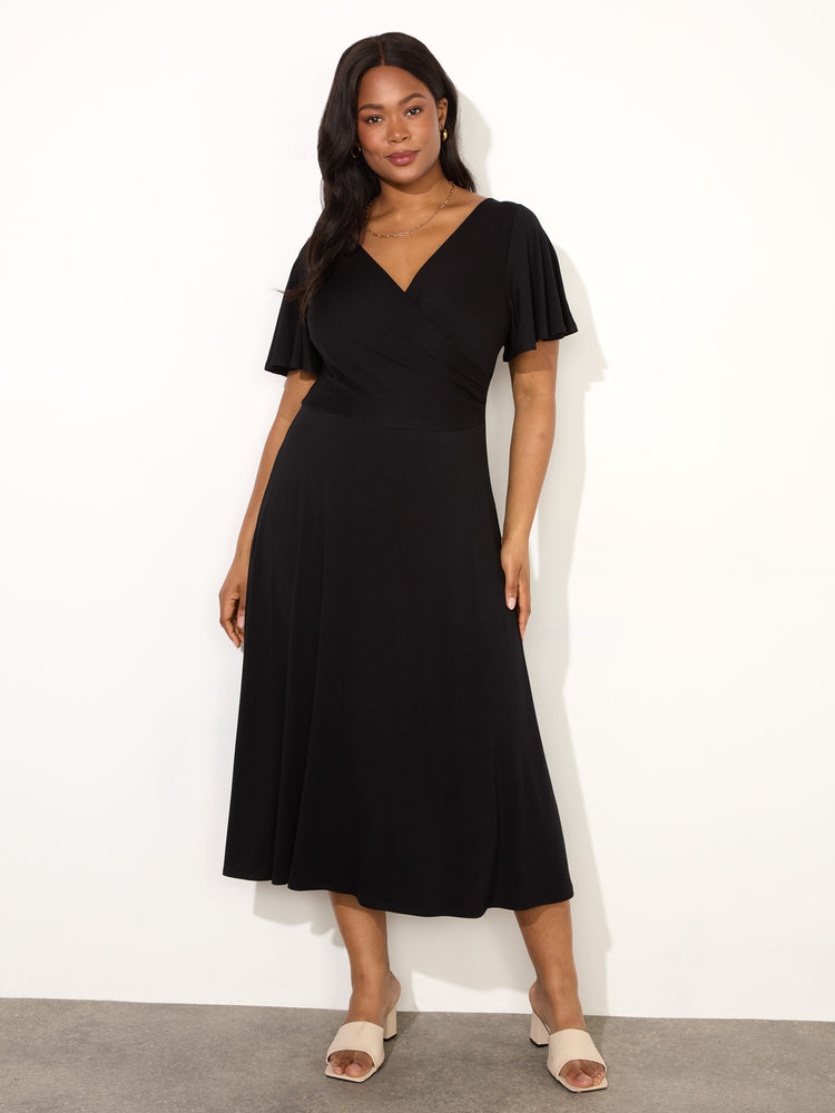 Black Jersey Flutter Sleeve Wrap Dress