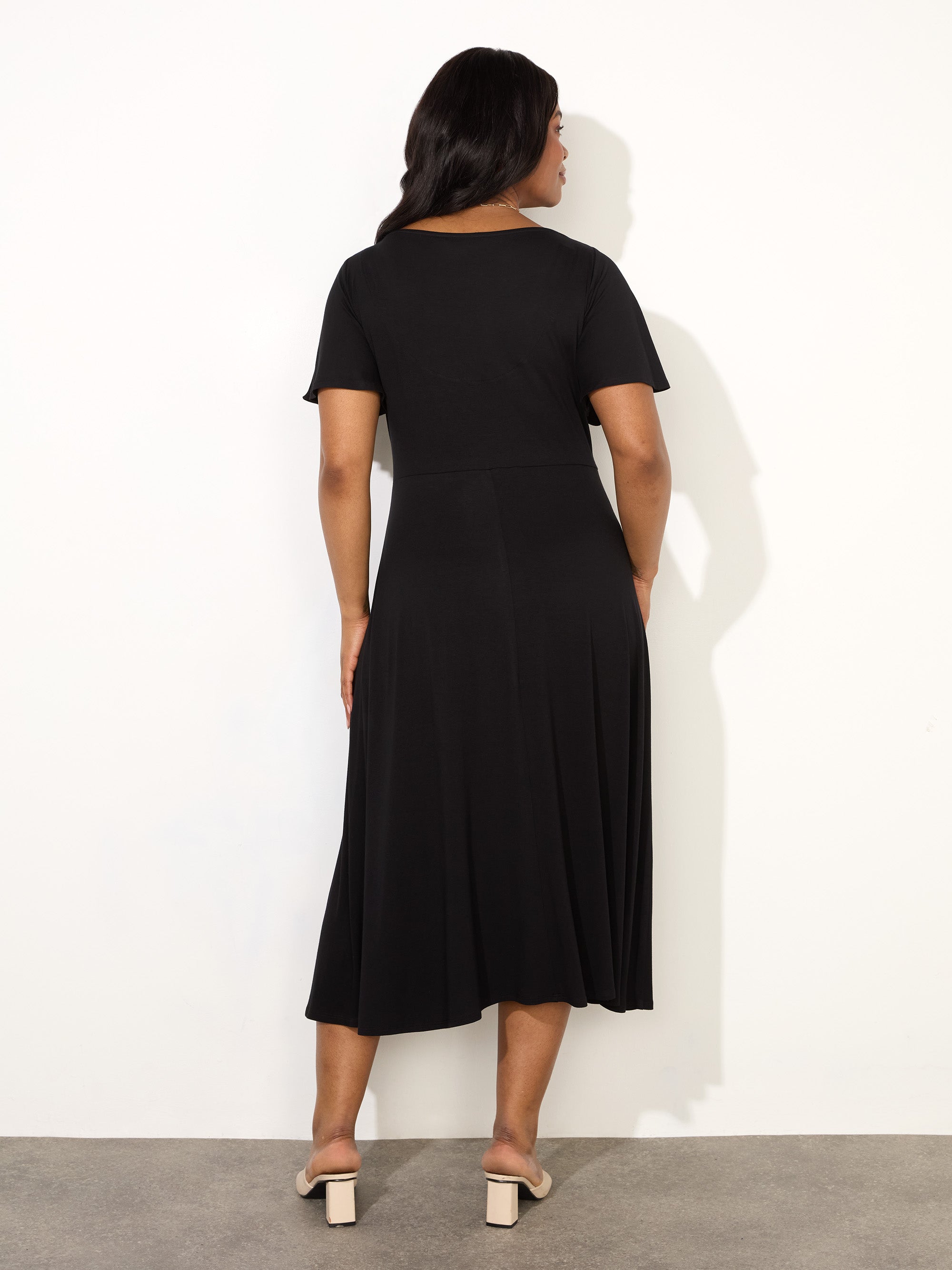 Black Jersey Flutter Sleeve Wrap Dress