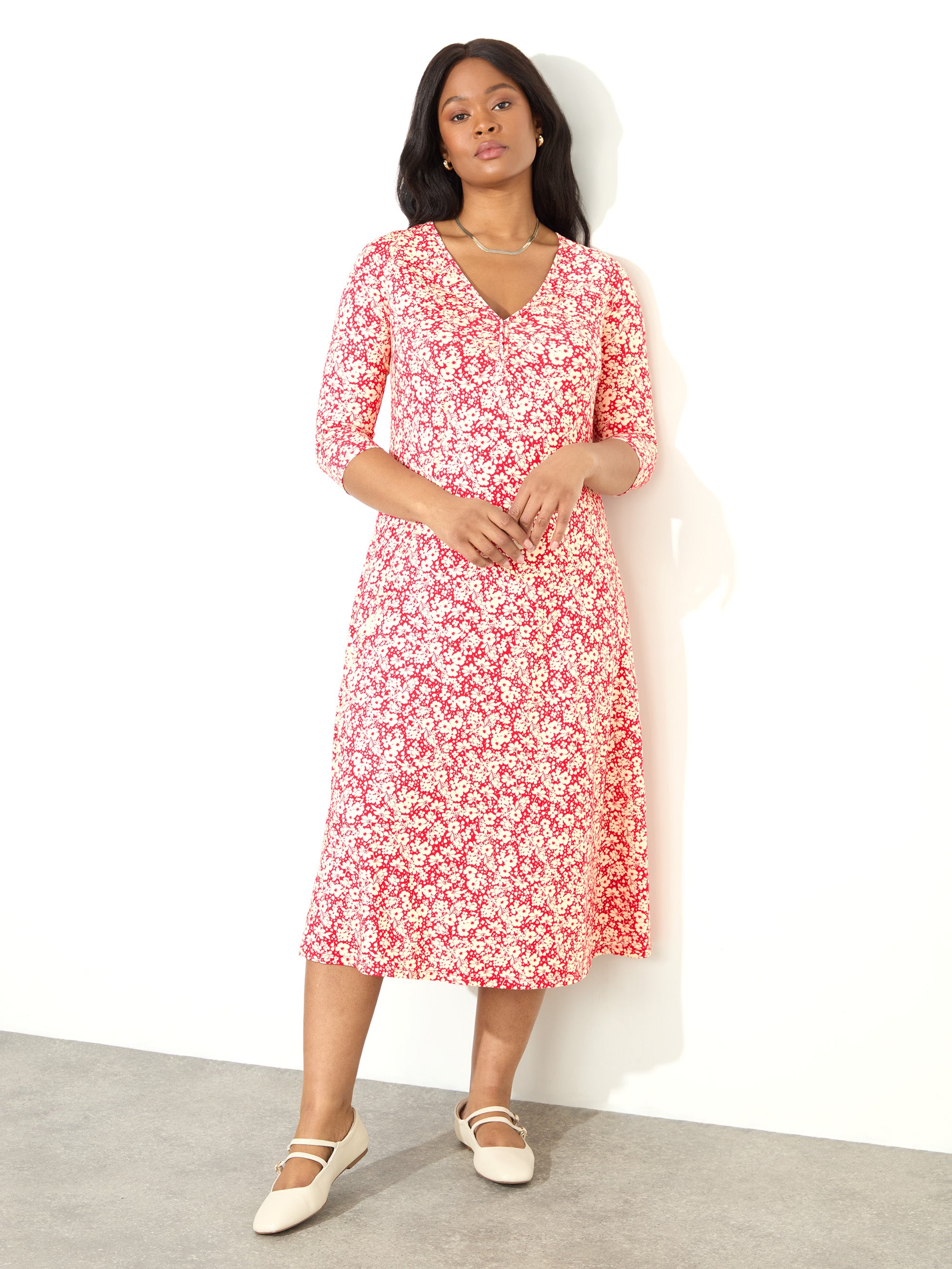 Red Ditsy Print Jersey Ruched Front Dress