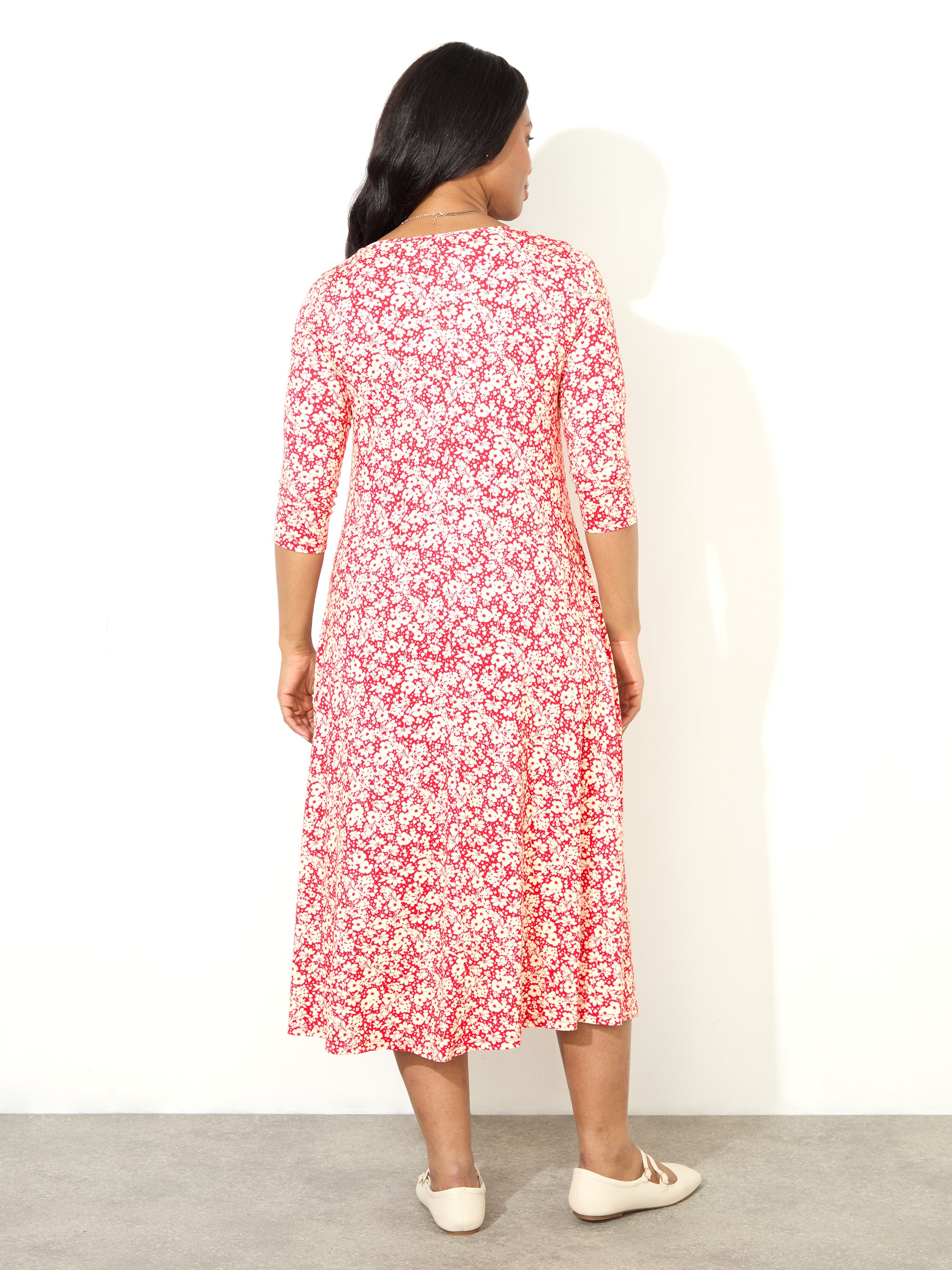 Red Ditsy Print Jersey Ruched Front Dress