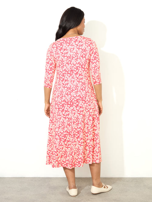 Red Ditsy Print Jersey Ruched Front Dress