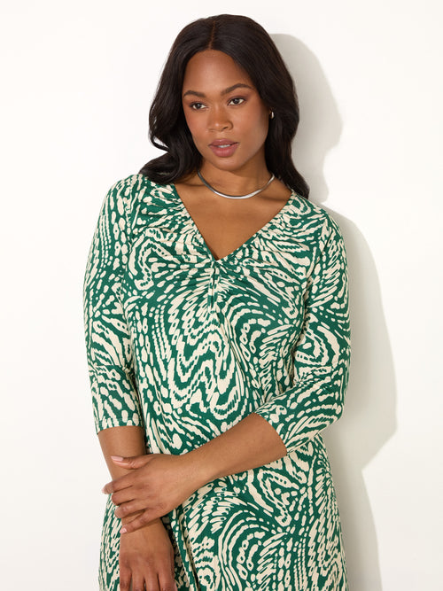 Green Mono Print Jersey Ruched Front Dress