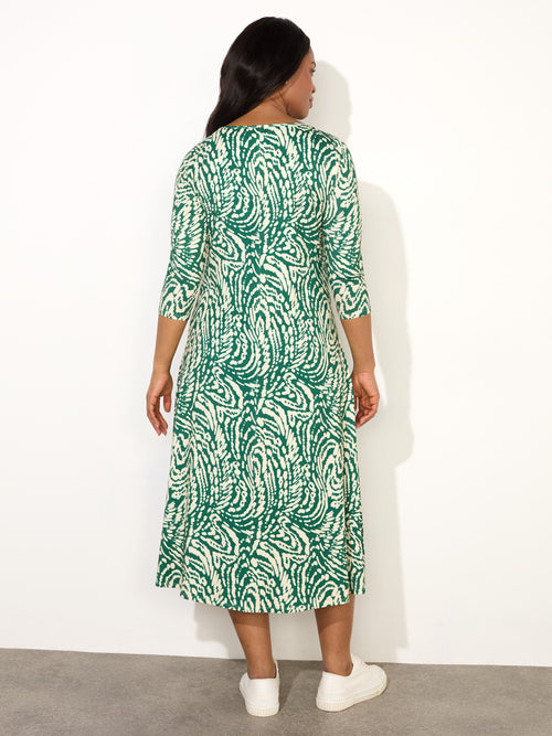 Green Mono Print Jersey Ruched Front Dress