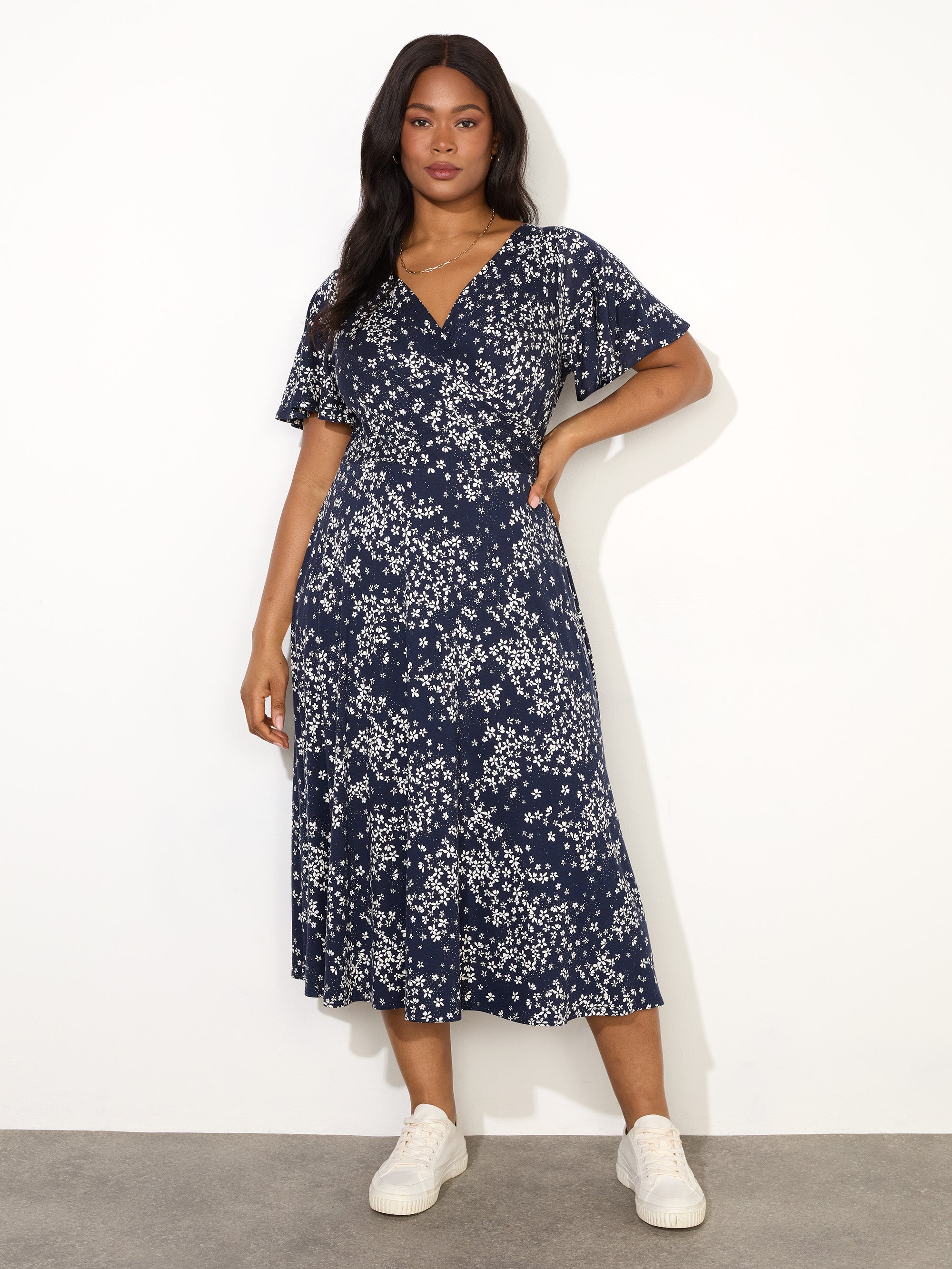 Navy Ditsy Jersey Flutter Sleeve  Wrap Dress