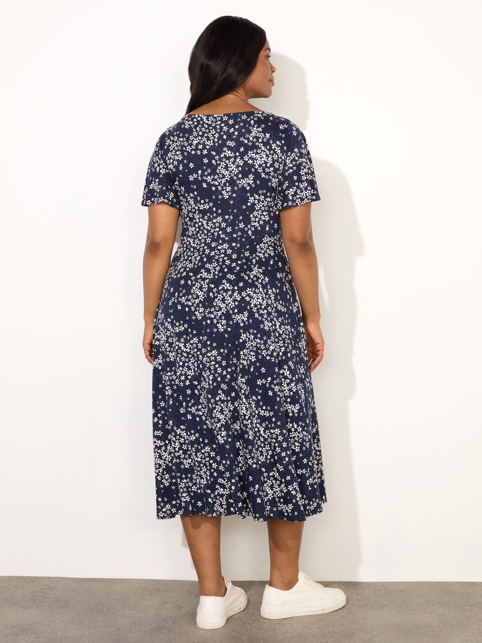 Navy Ditsy Jersey Flutter Sleeve  Wrap Dress