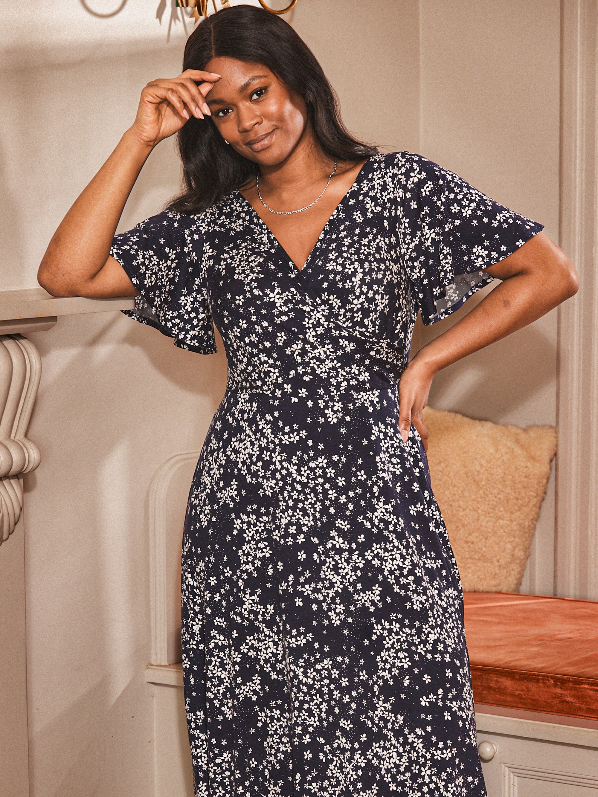 Navy Ditsy Jersey Flutter Sleeve  Wrap Dress