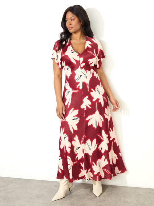 Red Floral V Neck Maxi Dress