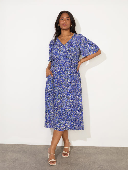 Blue Ditsy Angel Sleeve Midi Dress